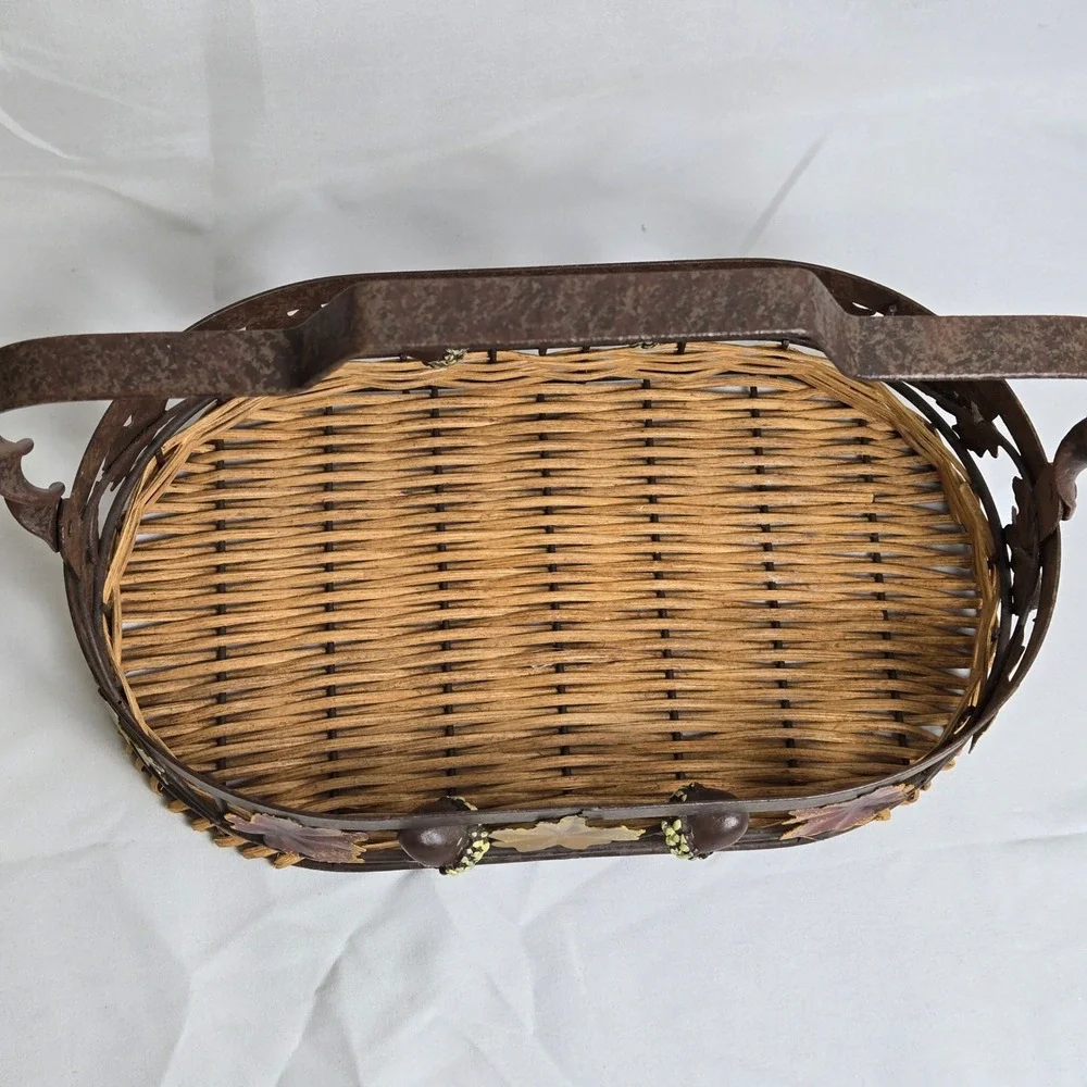 Decorative Basket Woven Wicker Base Metal Rim With Fall Autumn Leaves Acorns 11